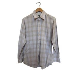 Gitman Bros Long Sleeve Plaid Button Up Shirt Mens Sz M Tan Brown Linen USA Made